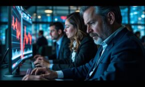 Traders and analysts with concerned expressions watching declining red stock market charts on computer screens in modern newsroom