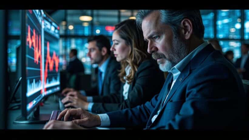 Traders and analysts with concerned expressions watching declining red stock market charts on computer screens in modern newsroom