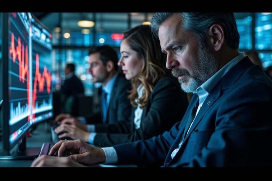 Traders and analysts with concerned expressions watching declining red stock market charts on computer screens in modern newsroom