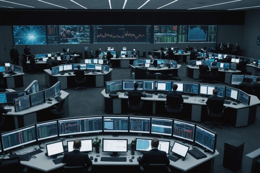 Modern trading floor with professionals monitoring rising economic graphs on multiple screens, AI technology glowing in background