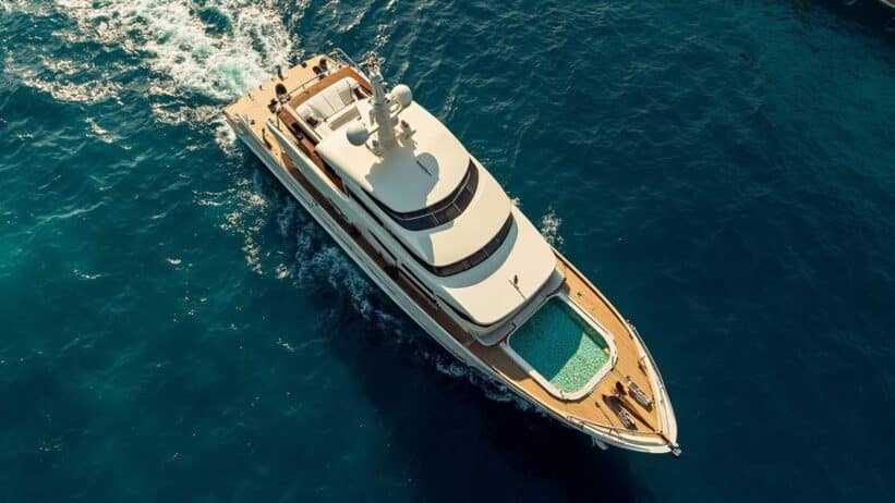 Aerial view of Christina O superyacht, classic 325-foot luxury vessel with teak decking and pool moored in blue Mediterranean waters