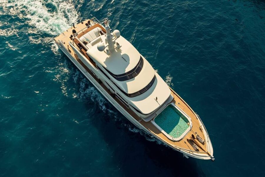 Aerial view of Christina O superyacht, classic 325-foot luxury vessel with teak decking and pool moored in blue Mediterranean waters