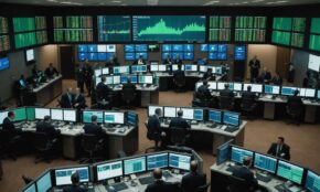 Stock exchange trading floor with digital screens showing green charts and semiconductor chips, traders discussing market trends