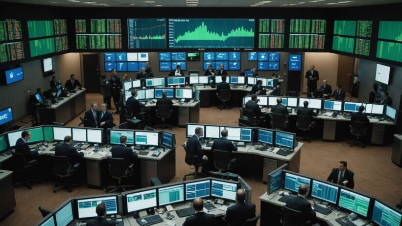 Stock exchange trading floor with digital screens showing green charts and semiconductor chips, traders discussing market trends