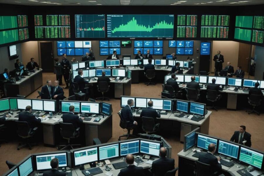 Stock exchange trading floor with digital screens showing green charts and semiconductor chips, traders discussing market trends