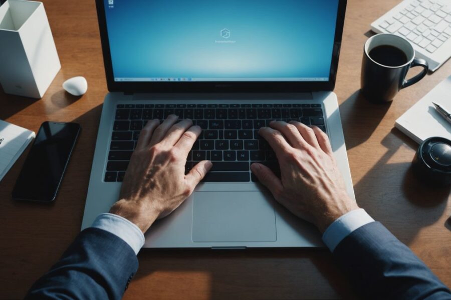 Person's hands hovering over laptop keyboard with blue screen glow, contemplating decision in modern office setting