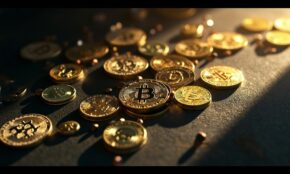 Metallic cryptocurrency coins scattered on dark surface with dramatic lighting showing market momentum and altcoin strength