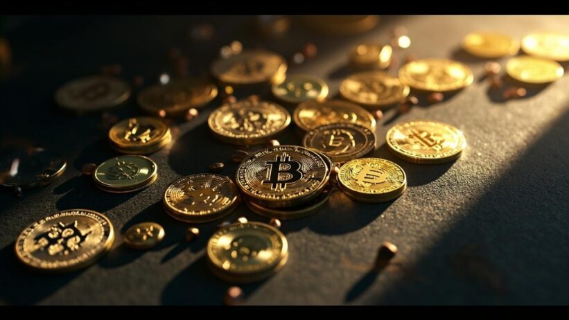 Metallic cryptocurrency coins scattered on dark surface with dramatic lighting showing market momentum and altcoin strength