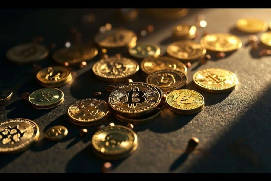 Metallic cryptocurrency coins scattered on dark surface with dramatic lighting showing market momentum and altcoin strength