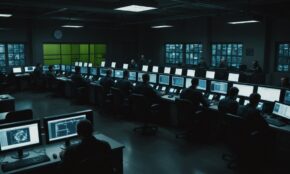Dimly lit scam center with people at computer workstations under surveillance, barred windows and security doors visible