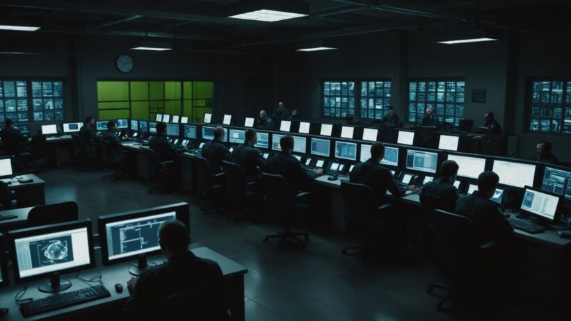 Dimly lit scam center with people at computer workstations under surveillance, barred windows and security doors visible