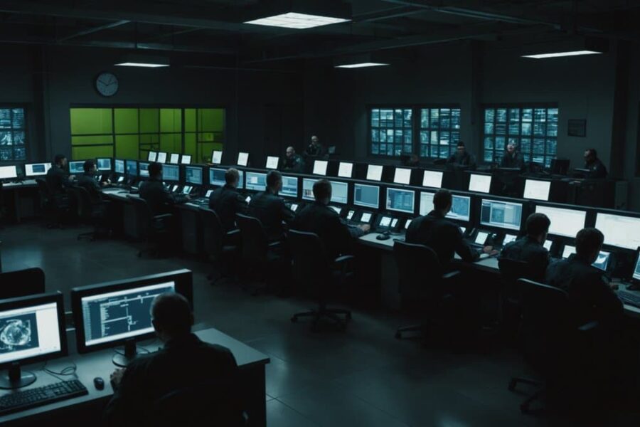 Dimly lit scam center with people at computer workstations under surveillance, barred windows and security doors visible