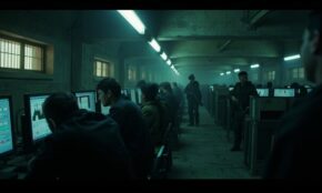 Dimly lit room with computer workstations and barred windows showing forced labor conditions in Myanmar scam center
