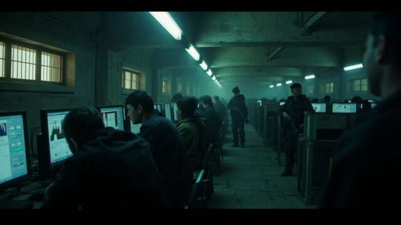 Dimly lit room with computer workstations and barred windows showing forced labor conditions in Myanmar scam center