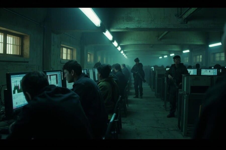 Dimly lit room with computer workstations and barred windows showing forced labor conditions in Myanmar scam center