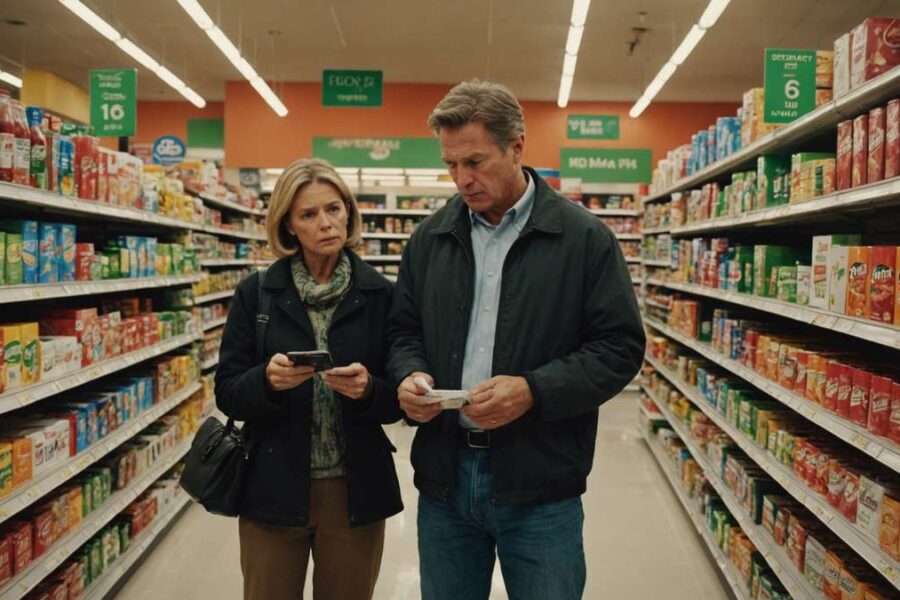 Concerned shopper examining price tags in American grocery store during inflation period with rising consumer costs