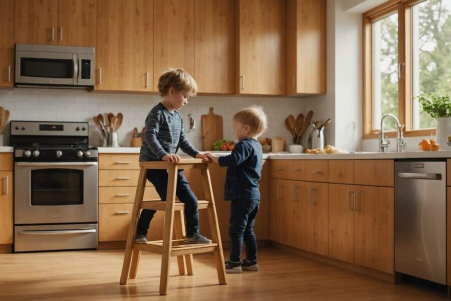 Tilted bamboo learning tower step stool with child's hands gripping rails, showing tipping hazard in modern kitchen