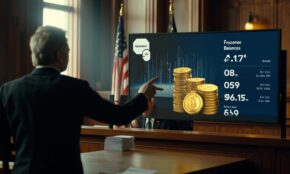 Federal courtroom scene with lawyer presenting frozen cryptocurrency wallet display showing golden USDT coins to judge