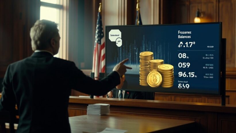 Federal courtroom scene with lawyer presenting frozen cryptocurrency wallet display showing golden USDT coins to judge