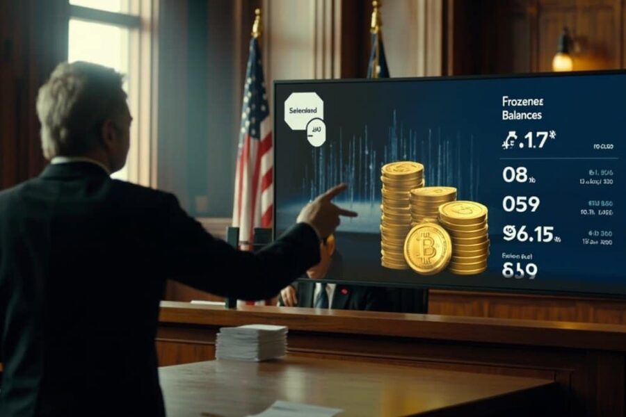 Federal courtroom scene with lawyer presenting frozen cryptocurrency wallet display showing golden USDT coins to judge
