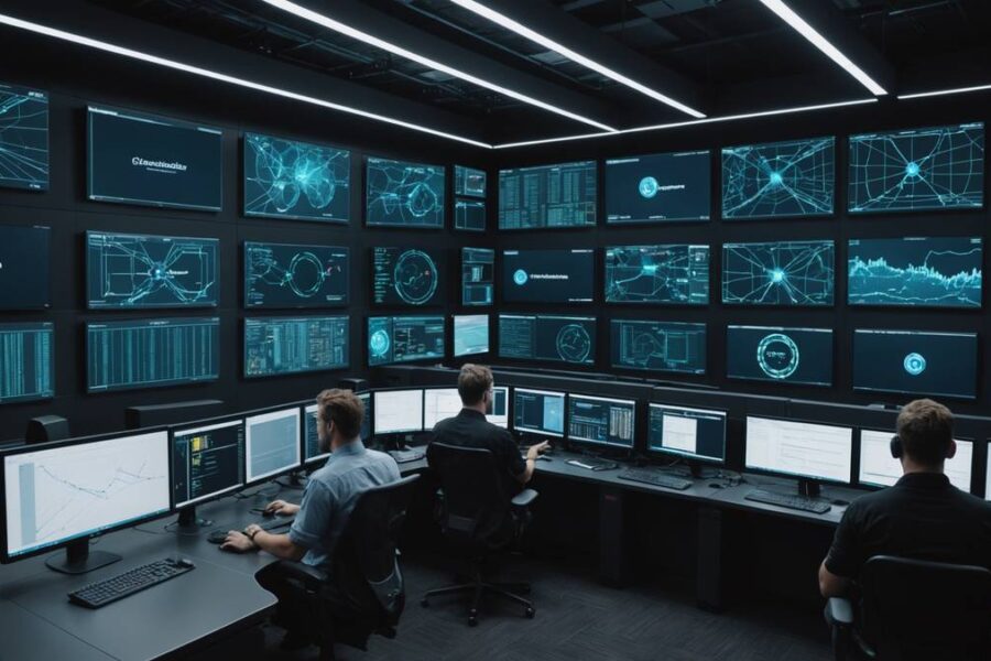 Cryptocurrency operations center with staff monitoring blockchain network screens showing cross-chain migrations and security protocols