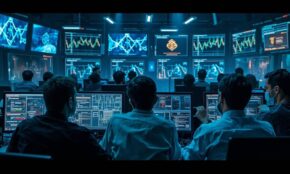 Cryptocurrency trading center with analysts monitoring suspicious blockchain activity on multiple screens in emergency response