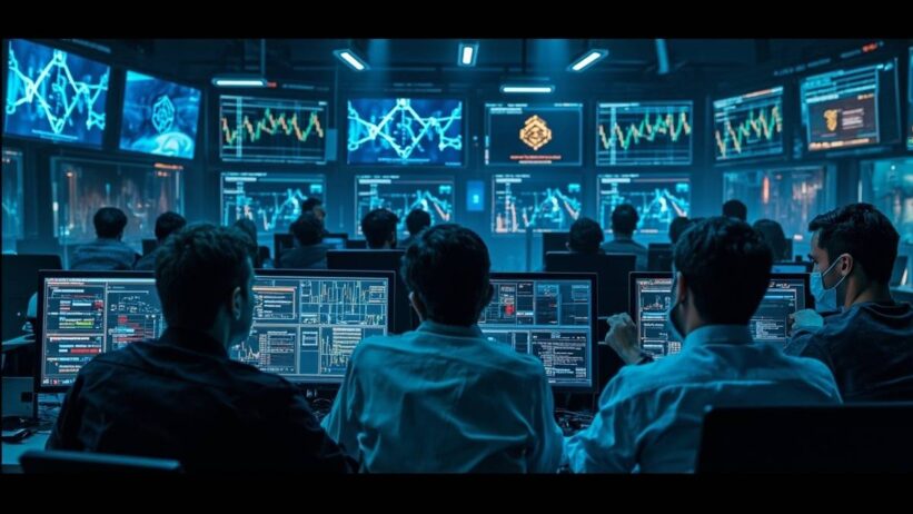 Cryptocurrency trading center with analysts monitoring suspicious blockchain activity on multiple screens in emergency response