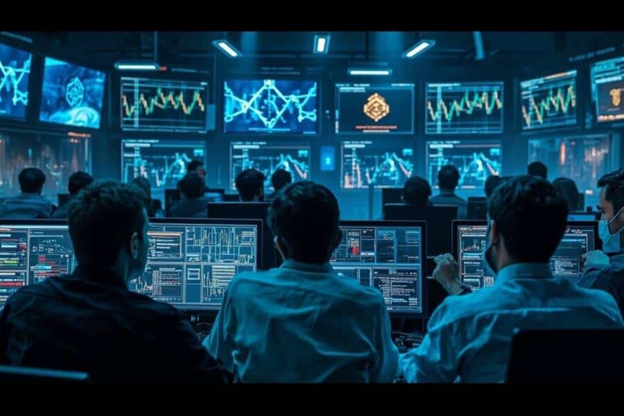 Cryptocurrency trading center with analysts monitoring suspicious blockchain activity on multiple screens in emergency response