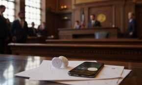 Federal courtroom with legal documents and smartphone showing frozen cryptocurrency wallet interface on table