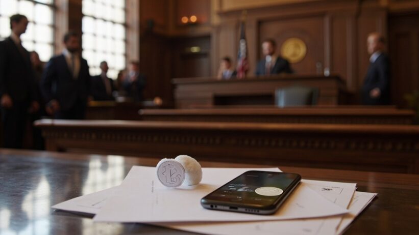 Federal courtroom with legal documents and smartphone showing frozen cryptocurrency wallet interface on table