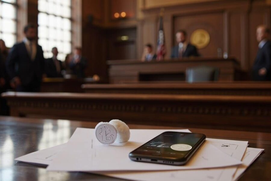Federal courtroom with legal documents and smartphone showing frozen cryptocurrency wallet interface on table