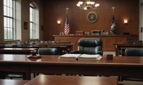 Federal courtroom with legal documents and gavel on mahogany table, representing high-stakes IRS litigation proceedings