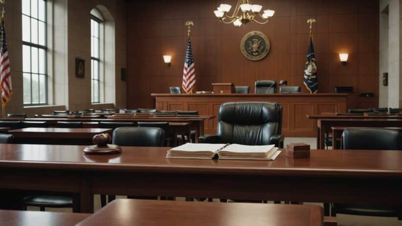 Federal courtroom with legal documents and gavel on mahogany table, representing high-stakes IRS litigation proceedings