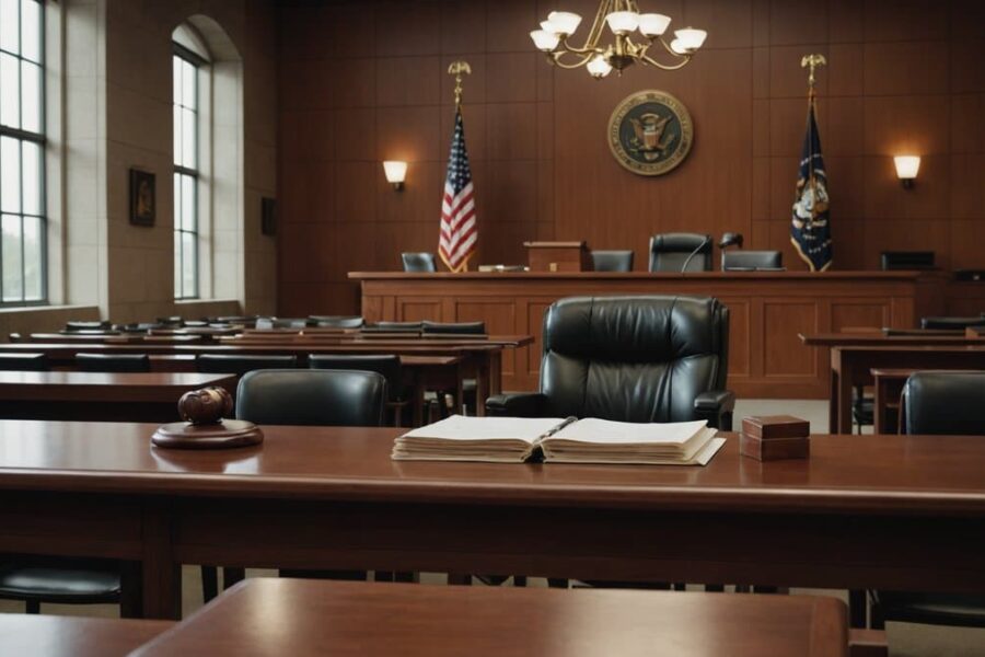 Federal courtroom with legal documents and gavel on mahogany table, representing high-stakes IRS litigation proceedings