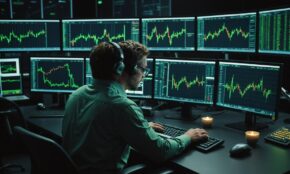 Trading floor with green upward charts on monitors, trader's hands at keyboard, and golden H-symbol coins on desk