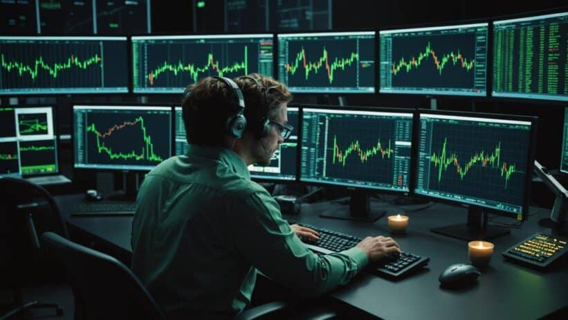 Trading floor with green upward charts on monitors, trader's hands at keyboard, and golden H-symbol coins on desk