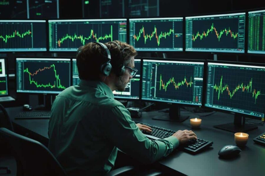 Trading floor with green upward charts on monitors, trader's hands at keyboard, and golden H-symbol coins on desk
