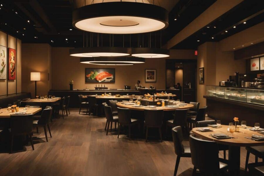Modern sushi restaurant interior with automated conveyor belt system carrying colorful sushi plates past empty tables