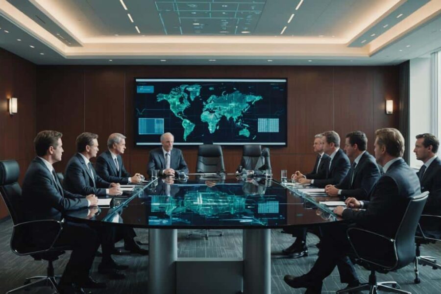 Business executives negotiating at conference table with computer chips and circuit boards, representing AI hardware deal discussions