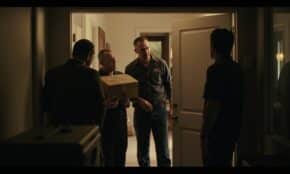 Three men disguised as delivery workers at residential doorway, one holding package, depicting home invasion deception