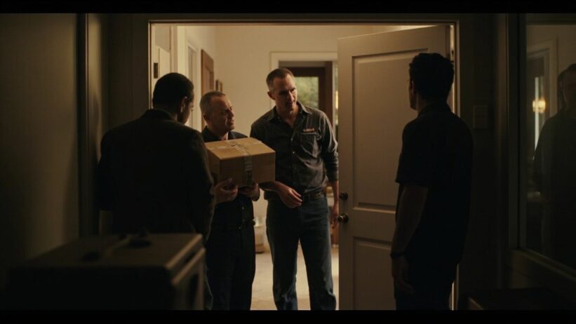 Three men disguised as delivery workers at residential doorway, one holding package, depicting home invasion deception