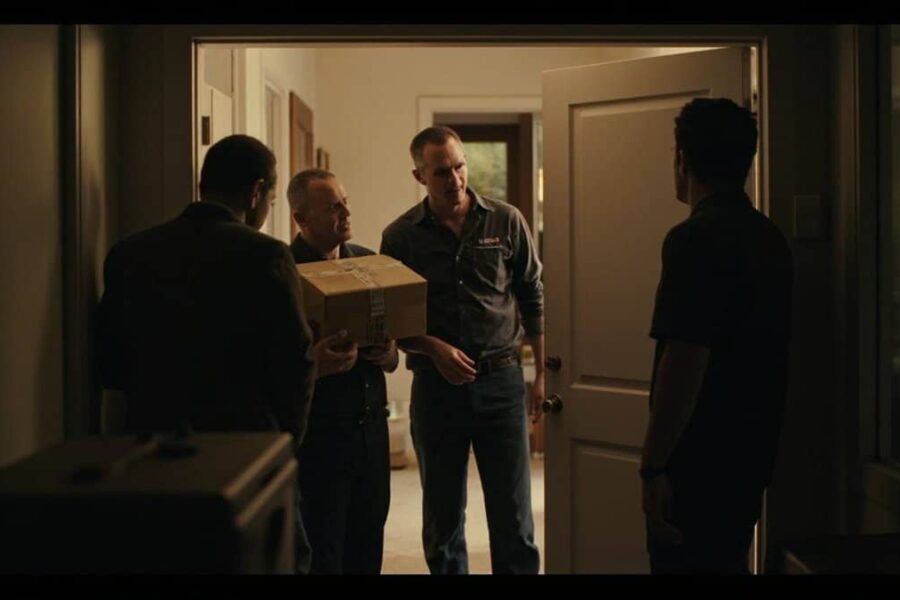 Three men disguised as delivery workers at residential doorway, one holding package, depicting home invasion deception