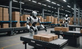 Humanoid robot placing cardboard packages on conveyor belt in modern warehouse with charging robots in background