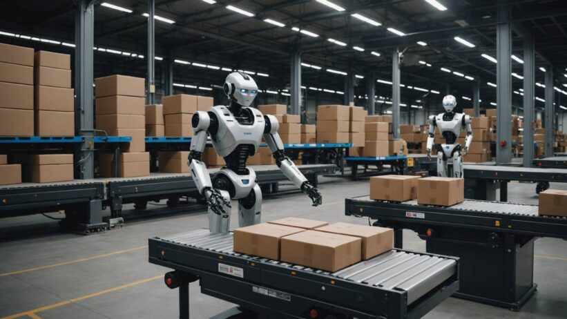 Humanoid robot placing cardboard packages on conveyor belt in modern warehouse with charging robots in background
