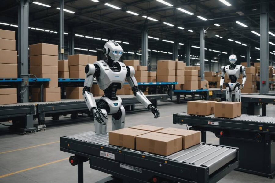 Humanoid robot placing cardboard packages on conveyor belt in modern warehouse with charging robots in background