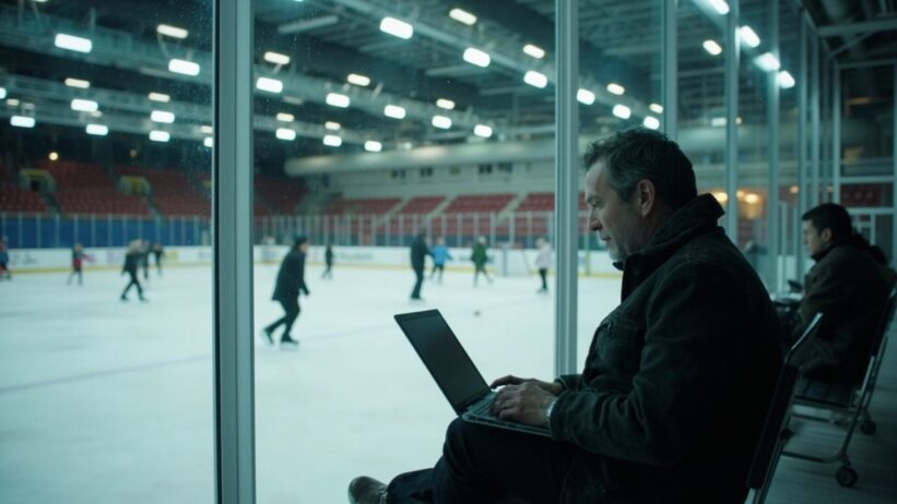 Professional man using half-open laptop while watching ice skating practice, demonstrating modern AI-powered work habits