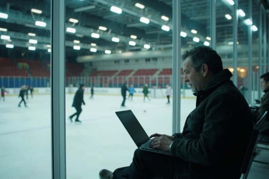Professional man using half-open laptop while watching ice skating practice, demonstrating modern AI-powered work habits
