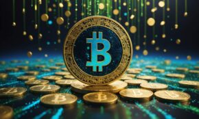 Golden BNB coins stacked in ascending formation with flowing digital particles representing blockchain network activity and liquidity growth