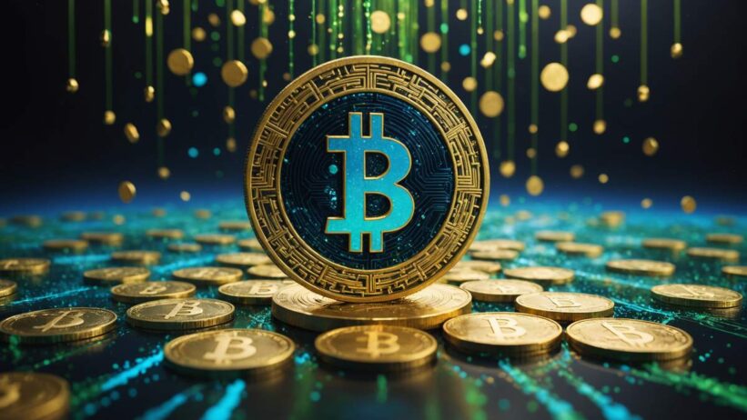 Golden BNB coins stacked in ascending formation with flowing digital particles representing blockchain network activity and liquidity growth