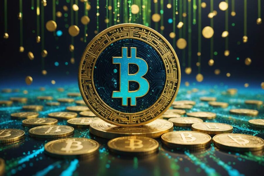 Golden BNB coins stacked in ascending formation with flowing digital particles representing blockchain network activity and liquidity growth